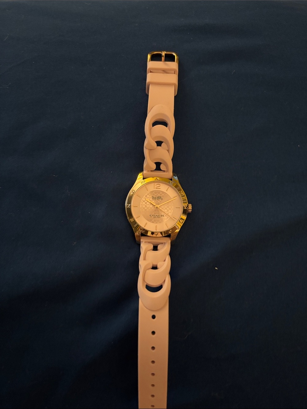 Coach Gold-Tone Watch with Nude Pink Chain-Link Silicone Strap